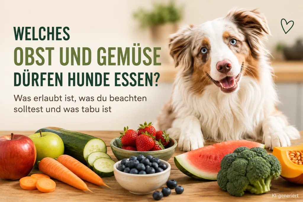 Fröhlicher Australian Shepherd vor verschiedenen Obst- und Gemüsesorten mit der Frage „Welches Obst und Gemüse dürfen Hunde essen?“