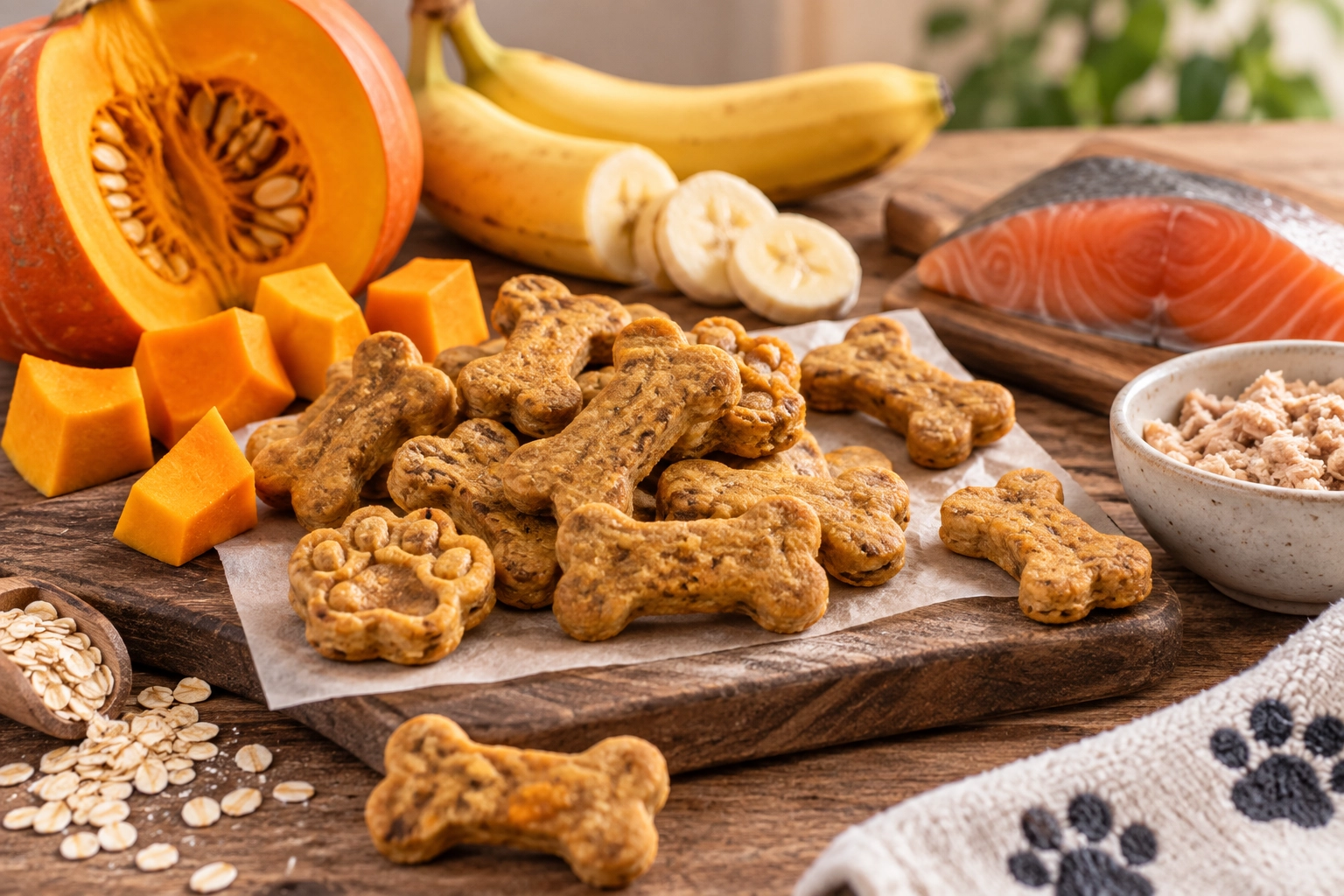 Selbstgebackene Hundekekse mit Kürbis, Banane und Fisch